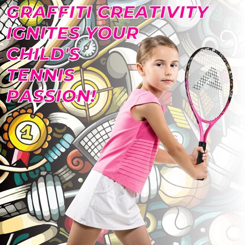 AMA SPORT Kids Tennis Racket for Junior Toddlers Starter Kit 17-25" for Girl Pink and Boy Yellow with 420D Nylon Shoulder Strap Bag, Graffiti Pink 17"