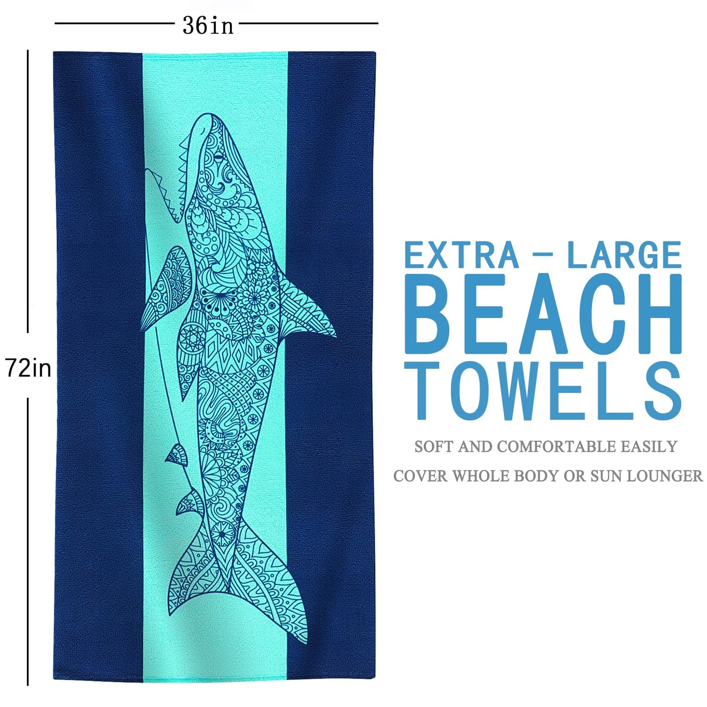 Genovega Oversized Terry Beach Towel 36 x 72 in Soft Extra Large Big Pool Swim Towels for Adult XL Clearance Big Travel Blanket Cruise Vacation Accessories Essentials Lounge Chair Cover Shark