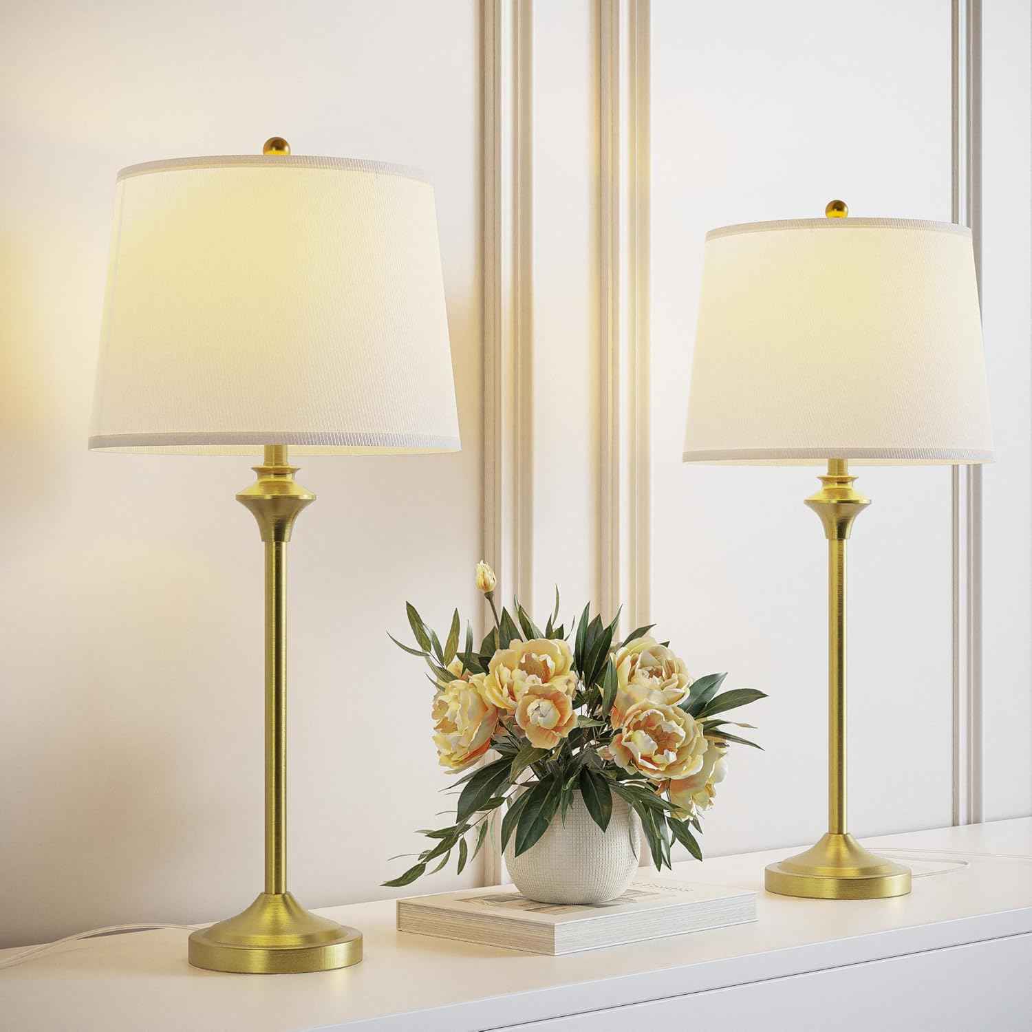 Brass Gold Table Lamps Set of 2 - 26" Modern Buffet & Nightstand Lamps for Living Room, Bedroom, Office