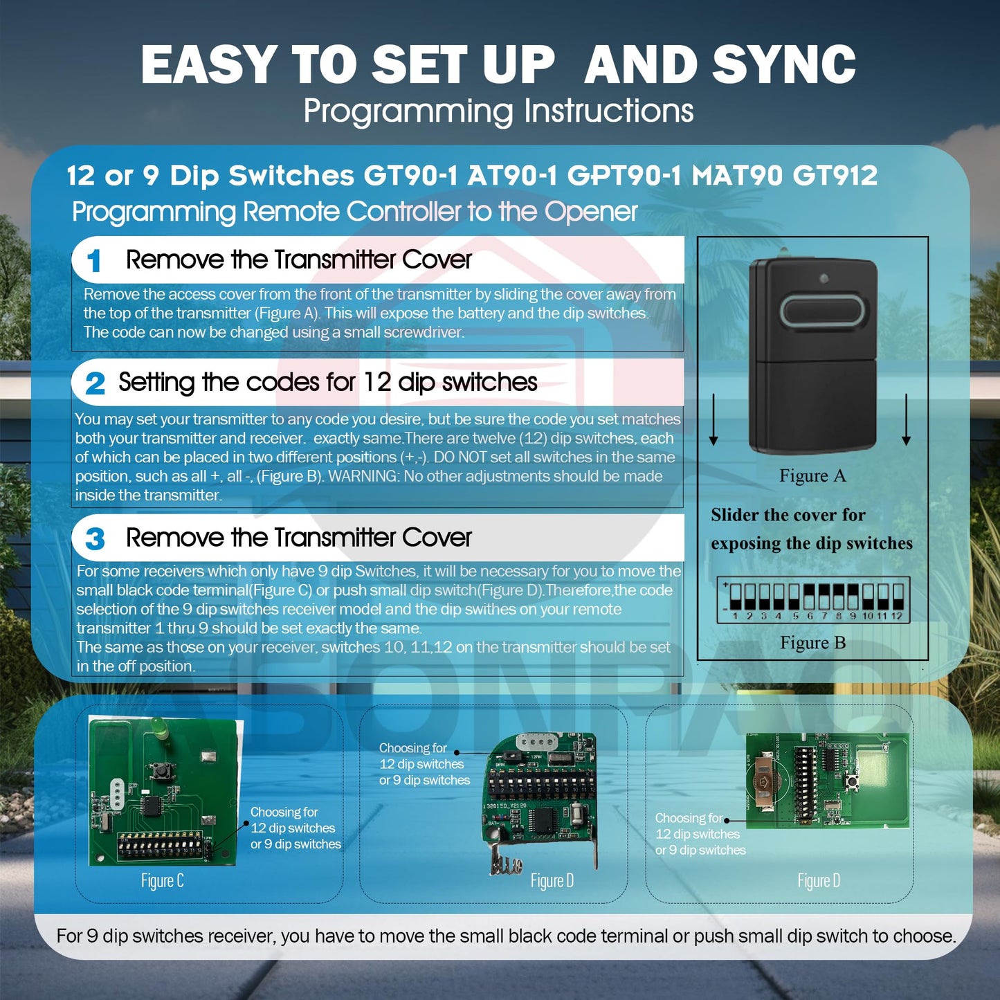2 fo 9 & 12 DIP Switch Genie Garage Door Opener Remote, 1982 to 1996 Models, GT90-1 GT90 AT90 MAT90 912, 3-Year-Warranty