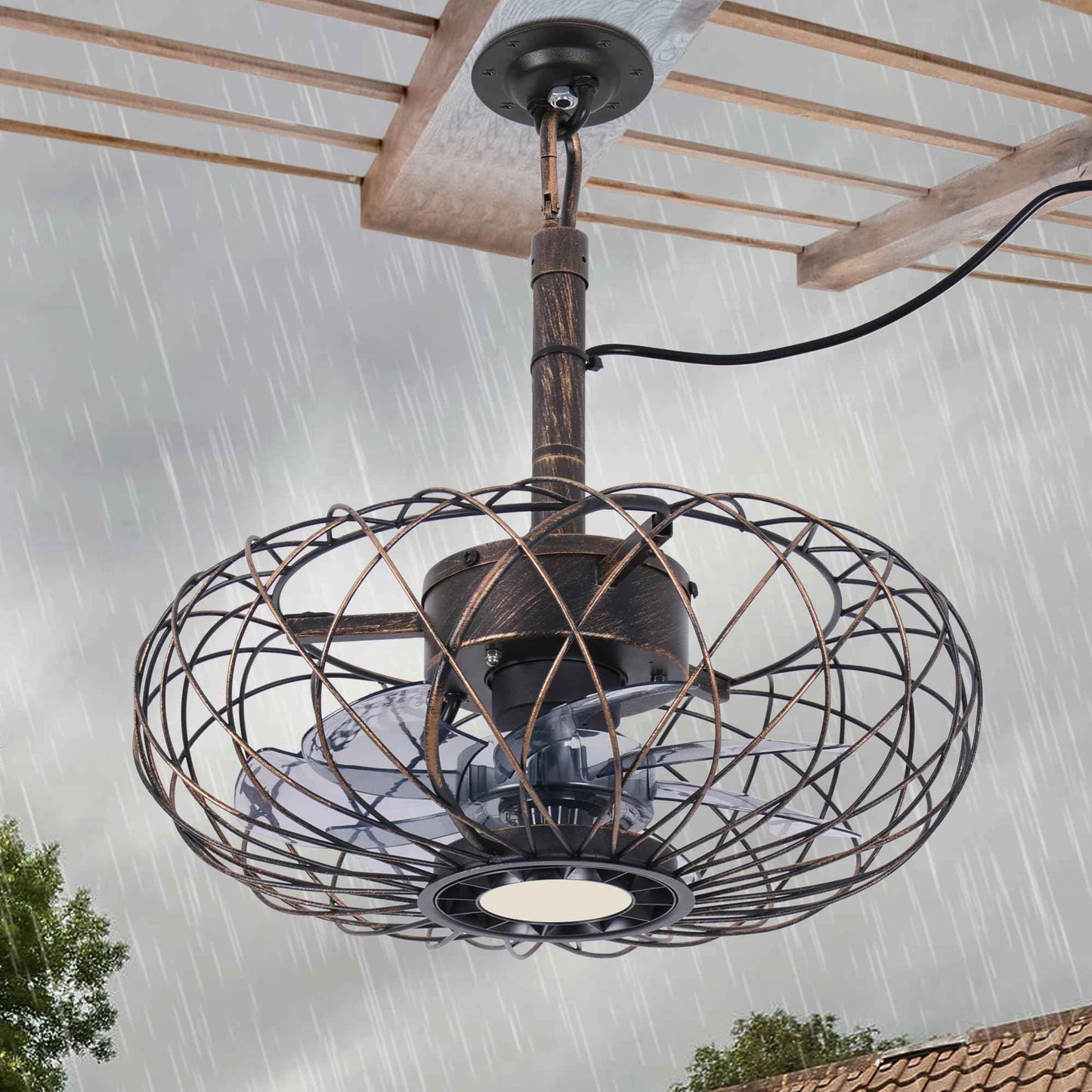 Miuyhji Retro Outdoor Ceiling Fans with LED Light, 15" Waterproof Gazebo Fan Plug in Caged Industrial Fandelier Ceiling Fan with Remote, 6 Speeds Adjustable Height Fan for Bedroom Living Room Pergola