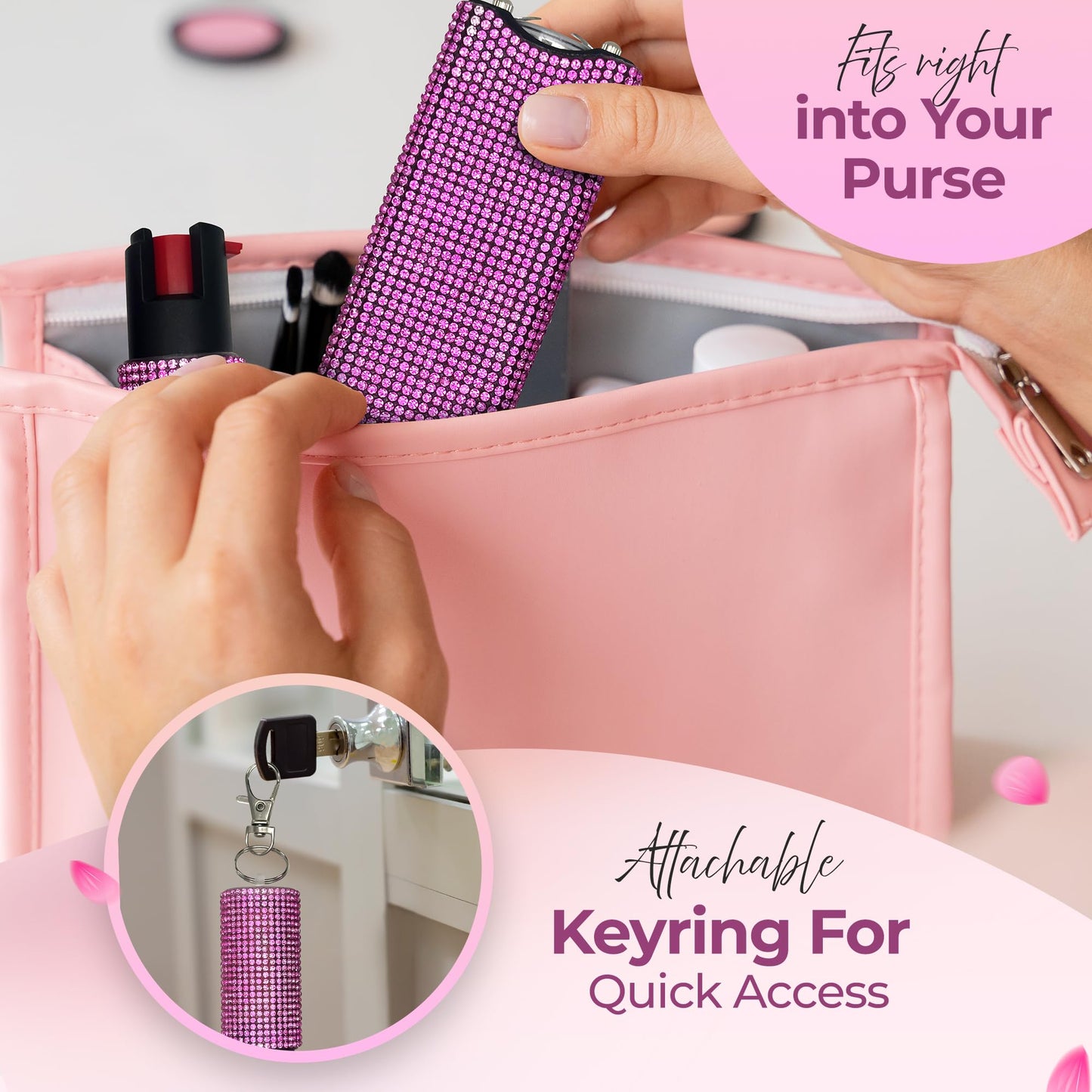 FURY Gem Stone Pepper Spray Stun Gun Combo - Stylish Multi-Color, 12ft Range, UV Dye Identifier, Flashlight, Rechargeable, Self-Defense Kit, Personal Safety, (Pink)