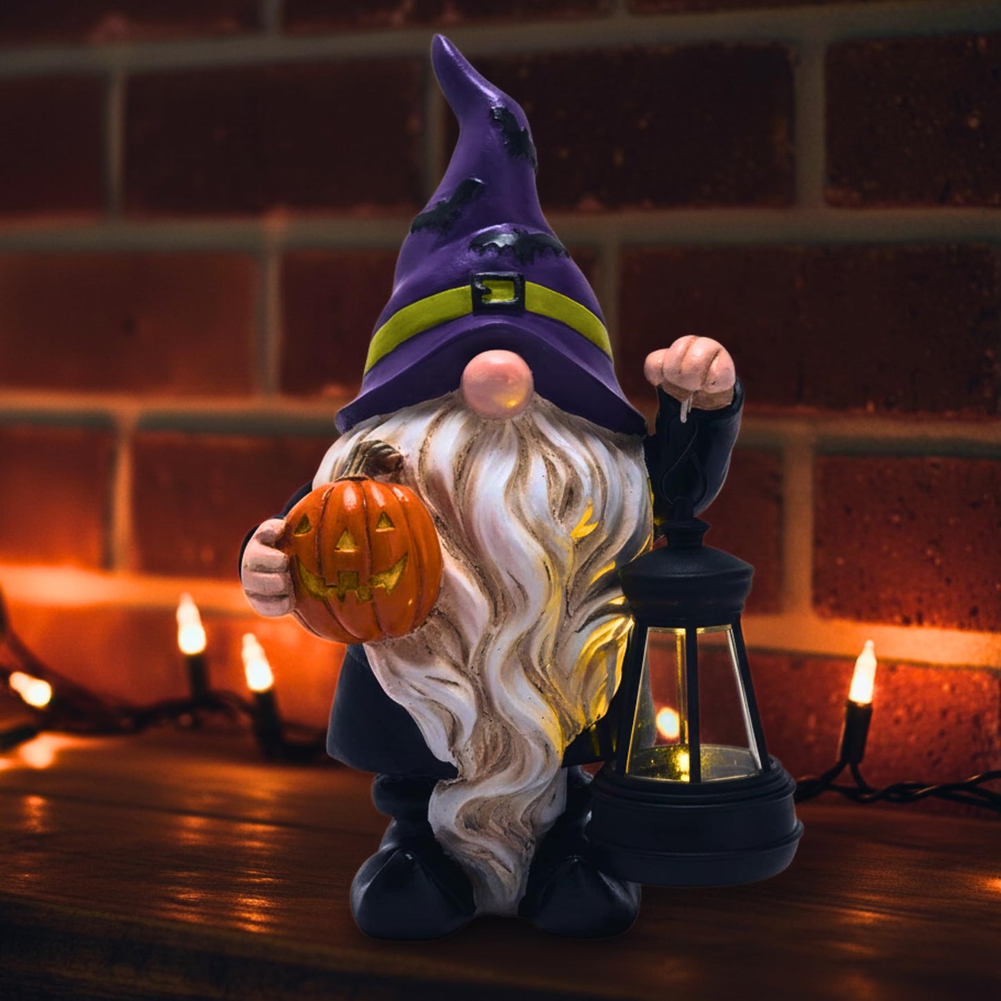 TERESA'S COLLECTIONS Halloween Decorations Garden Gnomes Statues with Solar Lights,Cute Purple Bat Hat Resin Decor with Lantern for Home,Table,Outdoor,Yard,Pumpkin Jack-o-Lanterns,Gifts for Party,8"