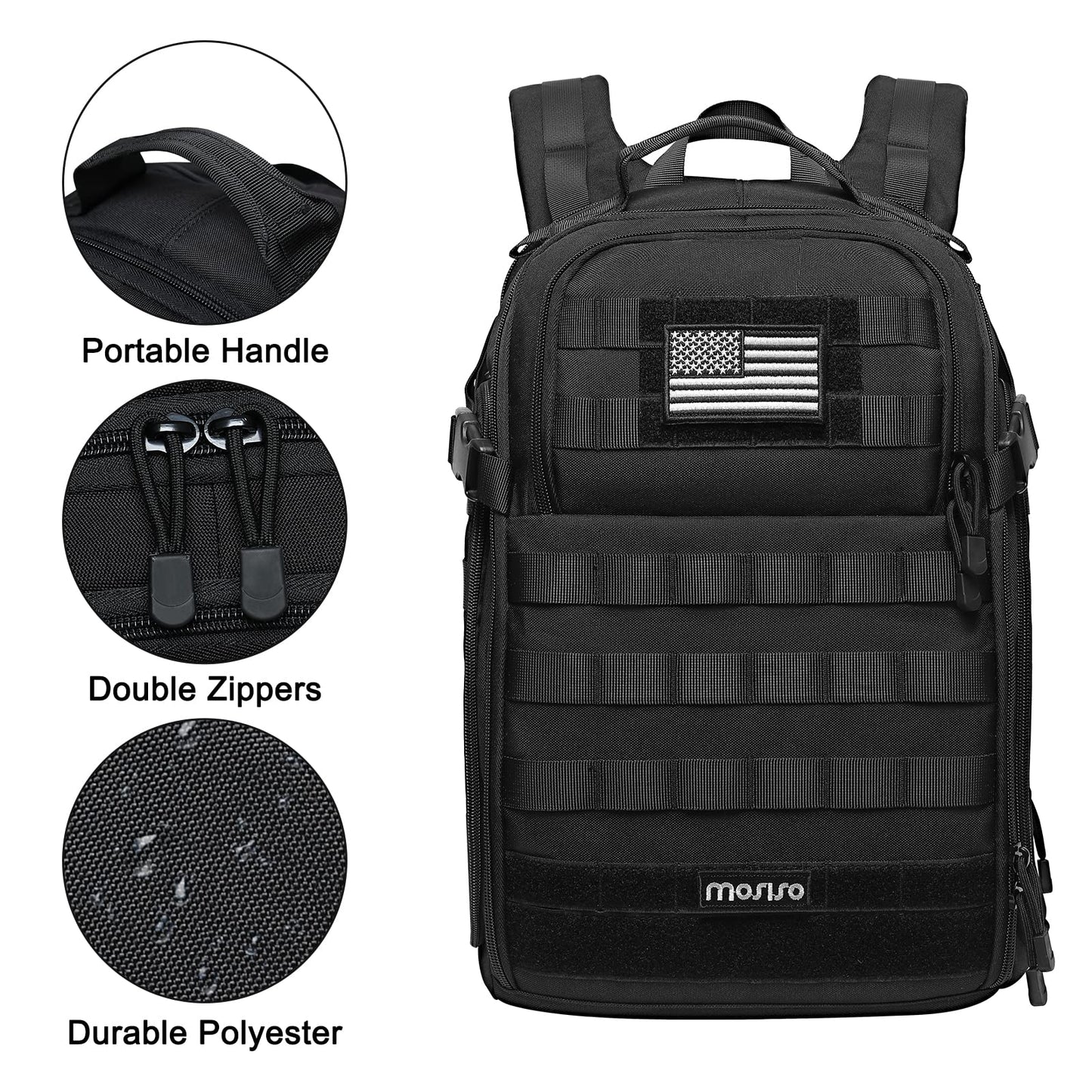 MOSISO Tactical Backpack, 2-Layer Military Daypack 3 Day Assault Pack Rucksack Outdoor Hiking Hunting Camping Training Travel Shoulder Bag with Trolley Belt & USA Flag Patch, Black
