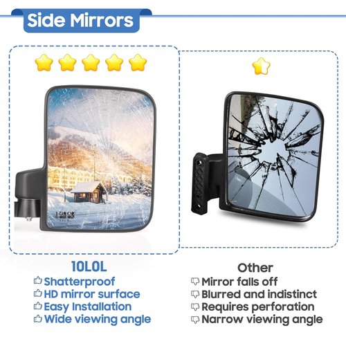 10L0L Golf Cart Mirrors, No Drilling 180 Degree Rotation & Foldable-HD Shatterproof Glass Mirrors for Golf Cart Club Car EZGO and Other, No Drilling Side Mirror & Rear View Mirror Kit