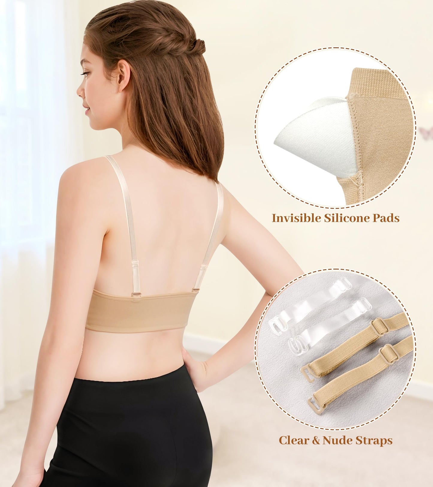 WYHDY Seamless Dance Bra for Teen Girls, Nude Training Bra with 2 Pairs of Clear Straps, Removable Silicone Pads(SM8E-18-1-L)