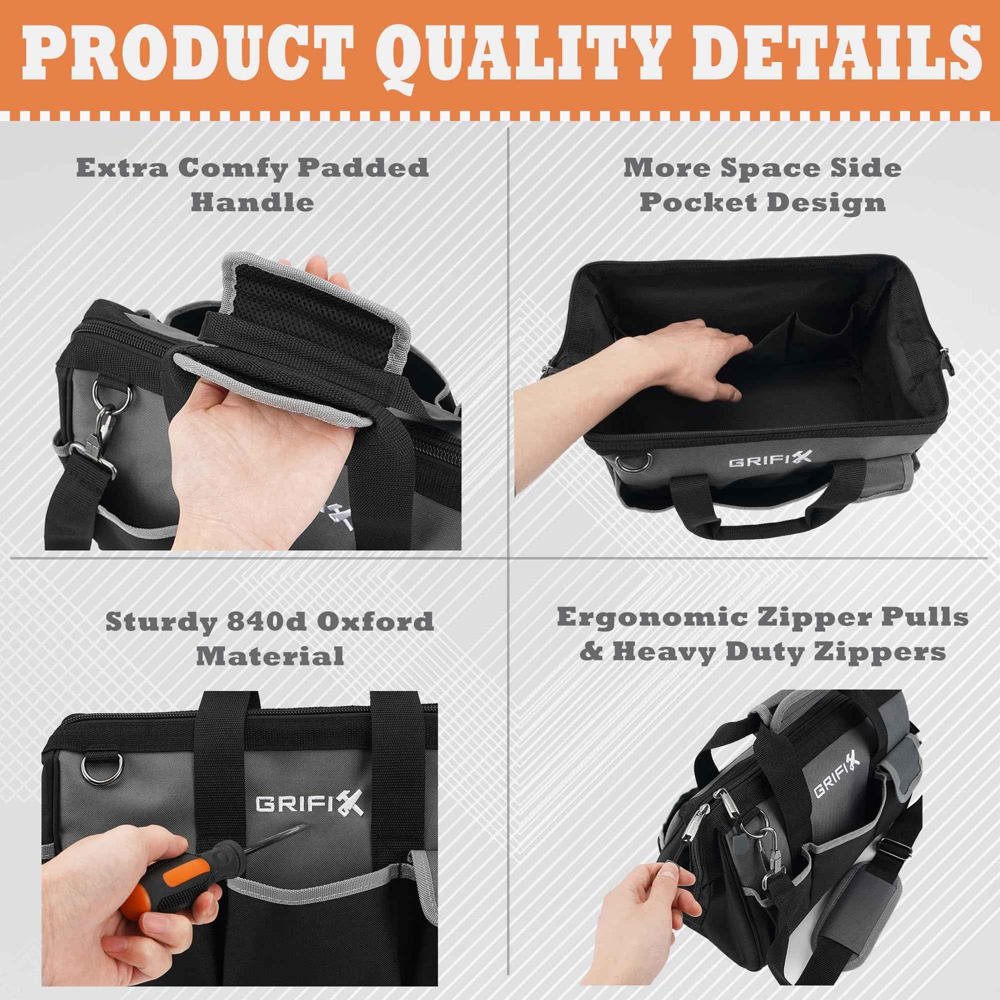 GRIFIX 14-inch Tool Bag, Portable Tool Box Organizer Storage, Wide Mouth Tool Tote Bag with Large Zipper, 14-Pocket Adjustable Shoulder Strap and Ergonomic Handle (14" Standard Base)