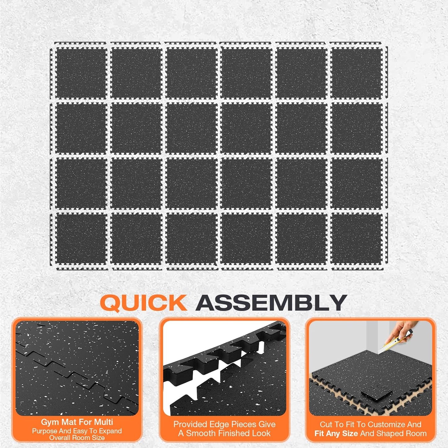 Skiennix Non-Slip Rubber Top Exercise Mats - 24 Pcs, 96 Sq Ft High Density EVA Foam, Black