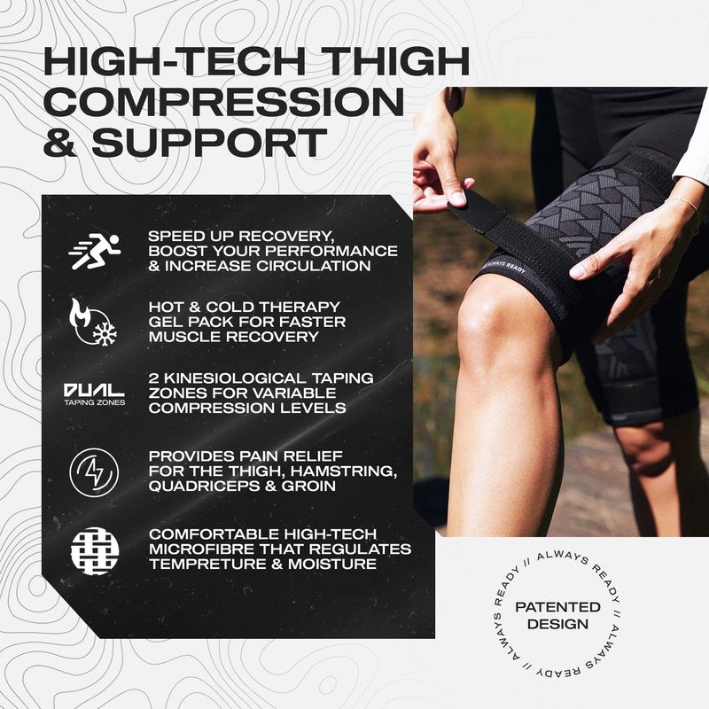 Always Ready, Thigh Compression Support Sleeve (2 Per Pack) with Hot & Cold Gel Pack for Hamstring & Quadricep Muscle Strains & Injury, Men & Women, Two Adjustable Compression Straps, Non-Slip (L)
