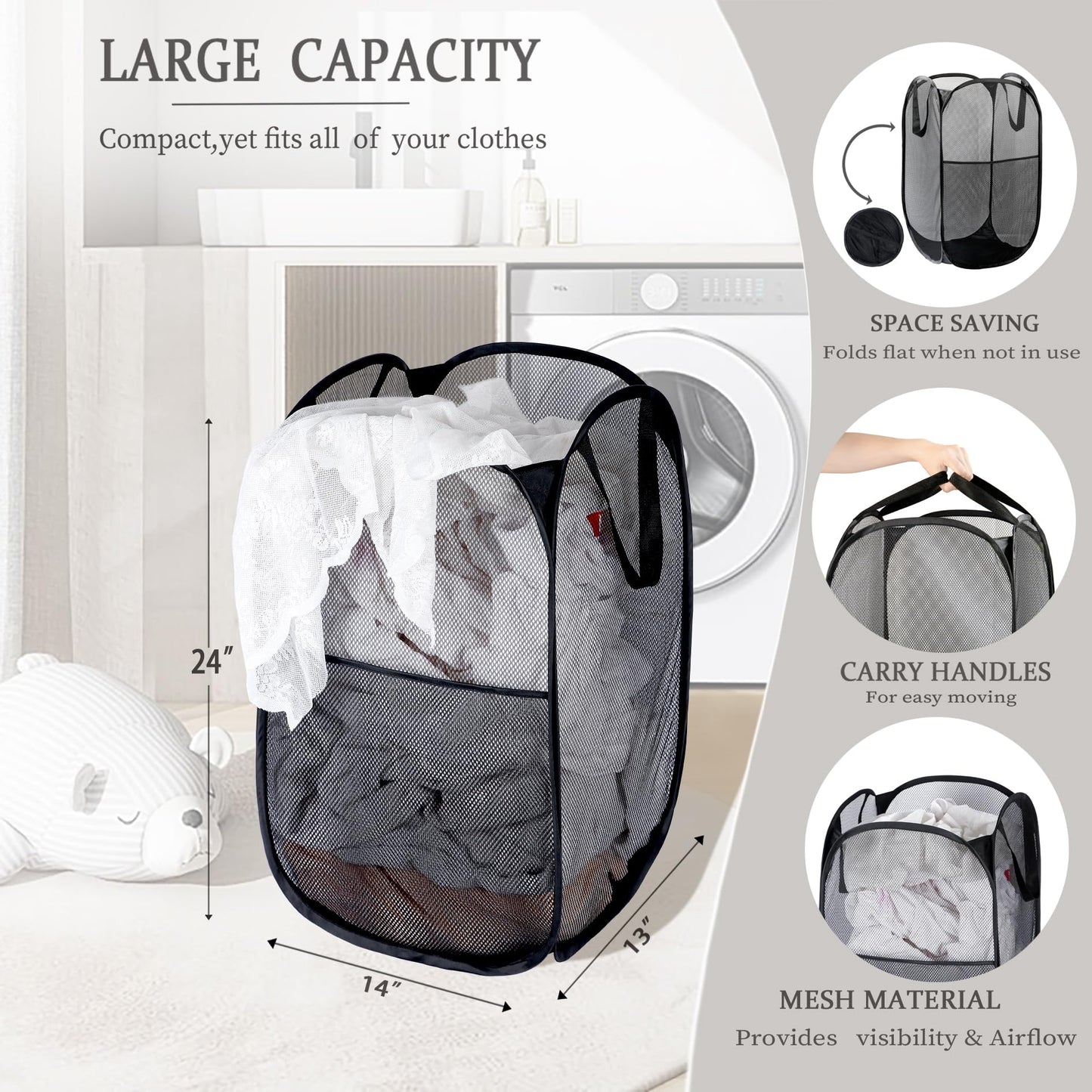 2 Pack Laundry Basket,Foldable Mesh Pop-up Laundry Hamper with Durable Handle,Easy to Open and Fold for Dorm, Laundry Room, Bedroom, RV… (White+Black)