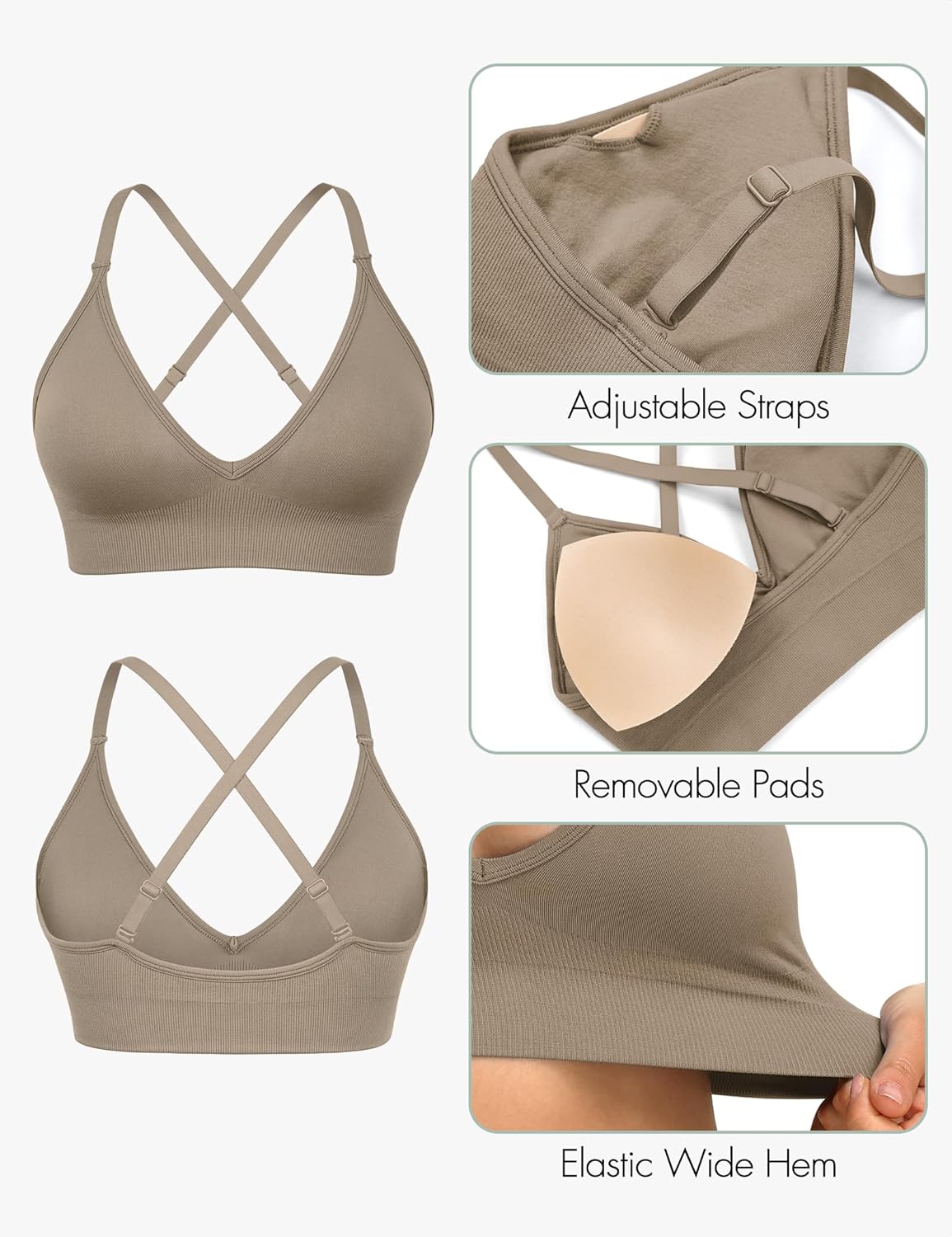 WANAYOU Sports Bras - Deep V Neck Adjustable Criss Cross Back Bralettes | 3 Pack, Padded Comfort