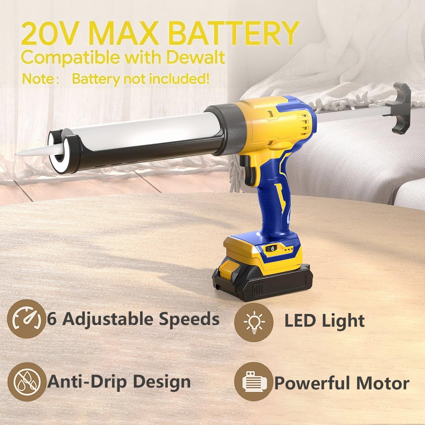 Cordless Electric Caulking Gun Compatible with DeWalt 20V Max Battery(NO BATTERY), 310ml/10oz Caulk tubes, LED Light, Auto Retract, 6 Speed Caulk Gun No Drip for Filling, Sealing, Repairing