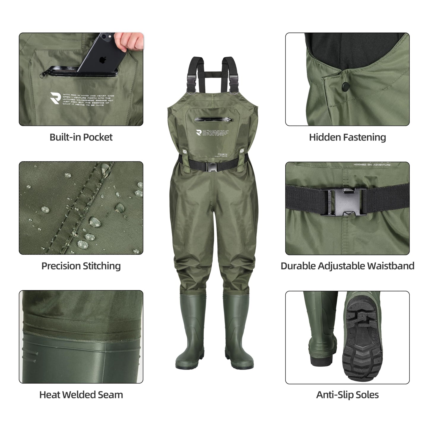 PROBITE Fishing Chest Waders for Men Women with Boots Waterproof 2-ply Nylon PVC Lightweight Waders for Hunting(M12,Green)