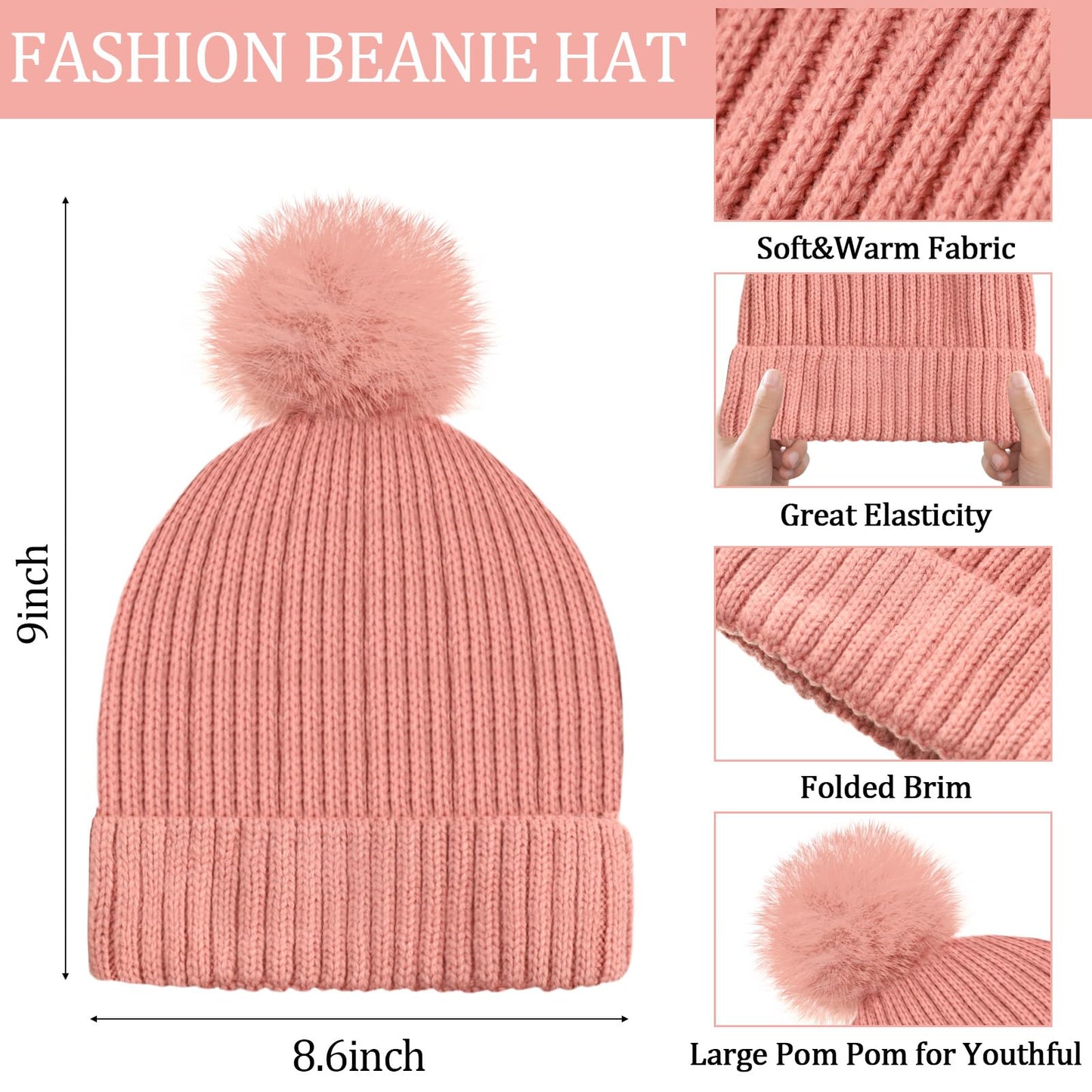 Geyoga 3 Pcs Winter Beanie Hat Scarf Gloves Set Warm Winter Knit Hats with Pom Long Scarf Touchscreen Gloves for Women Men(Pink)