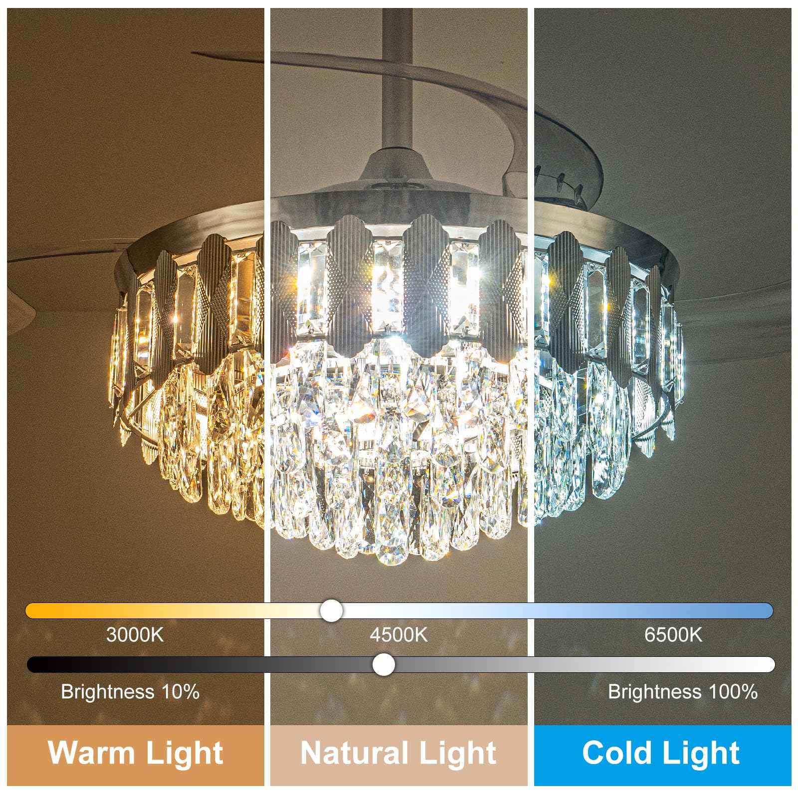 illus illumination 36in Fandelier Ceiling Fans with Light, Modern Crystal Chandelier Ceiling Fans, Remote & APP Control, Retractable Reversible 3 CCT LED Dimmable for Living Room Bedroom (Silver)