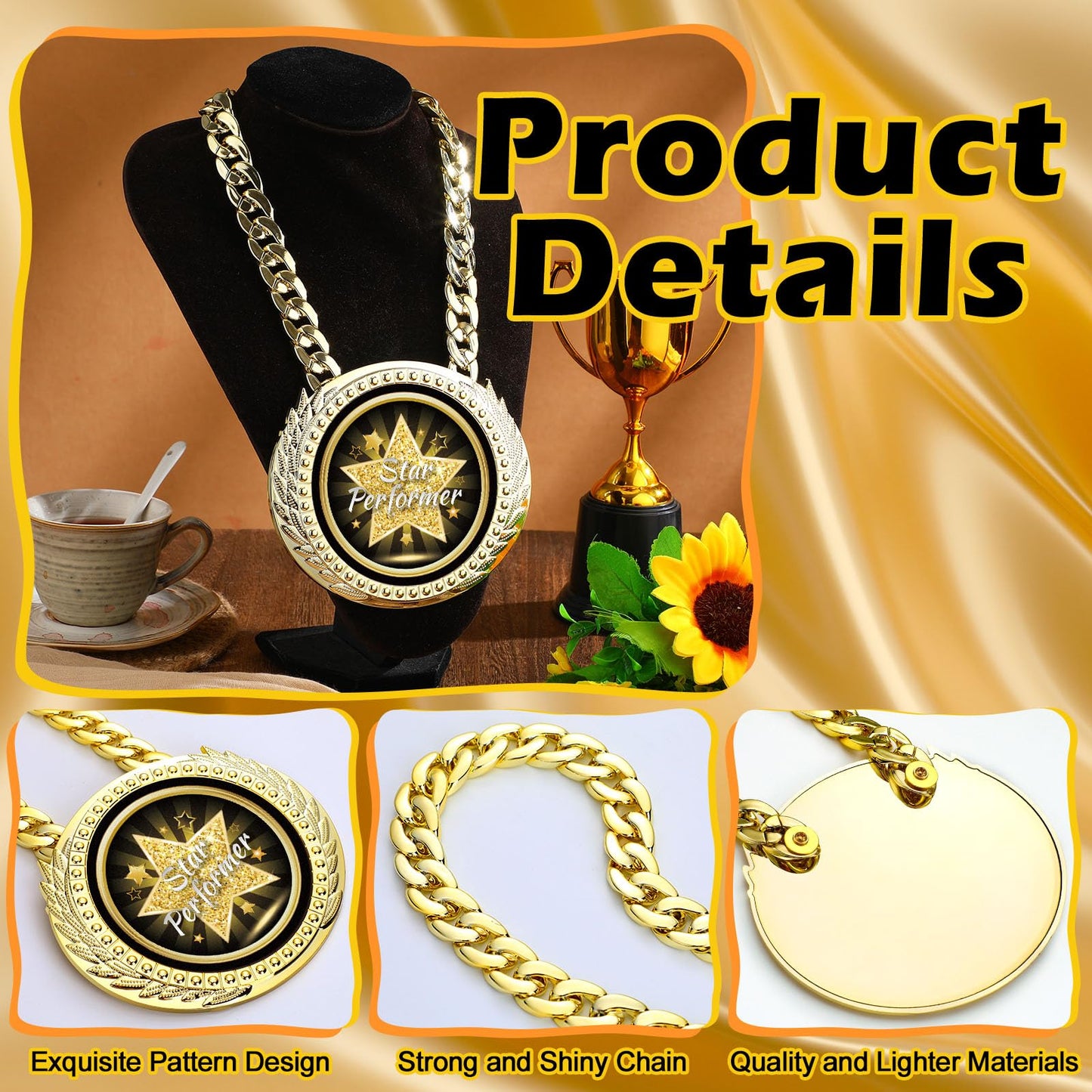 Tondiamo 6" Star Performer Gold Winner Award Medals Big Turnover Chain Medal Trophy Necklace for College Student High School Graduation Participation Competition(1 Pcs)