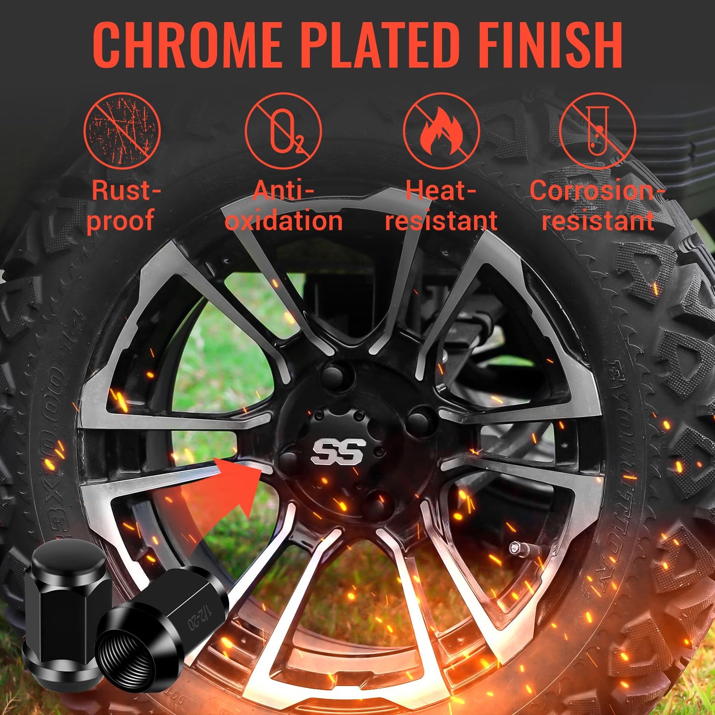 DRIVE UP Golf Cart Chrome Wheel Lug Nut Kit for Club Car DS Precedent and EZGO TXT RXV Models, 16 Black Packs (1/2-20 Size) OEM 1010984 14723-G1