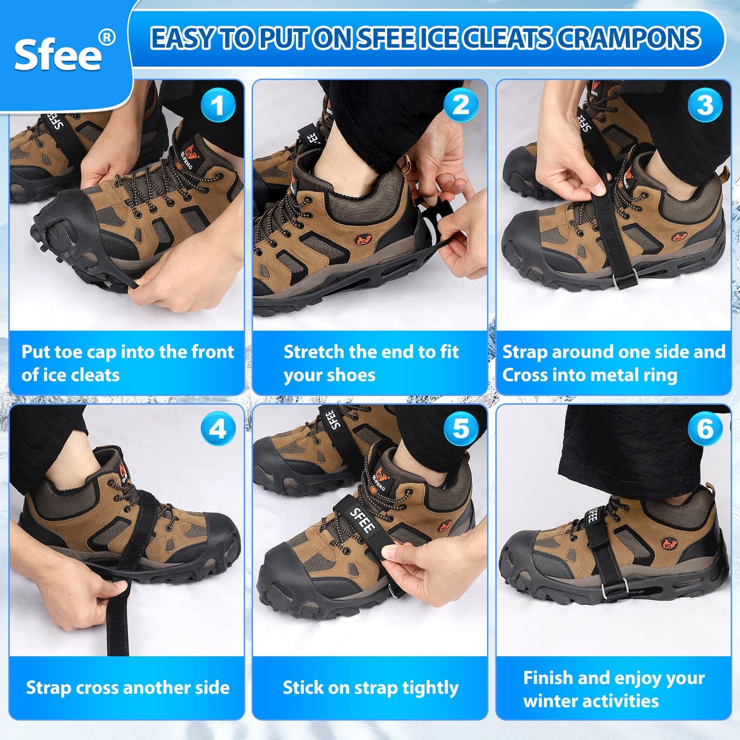 Sfee Crampons Ice Cleats for Shoes and Boots, 28 Snow Shoe Spikes Ultra-Grip Ice Cleats for Men & Women Non-Slip Snow Traction Ice Grippers for Shoes and Boots for Walking, Hiking, Climbing & Fishing