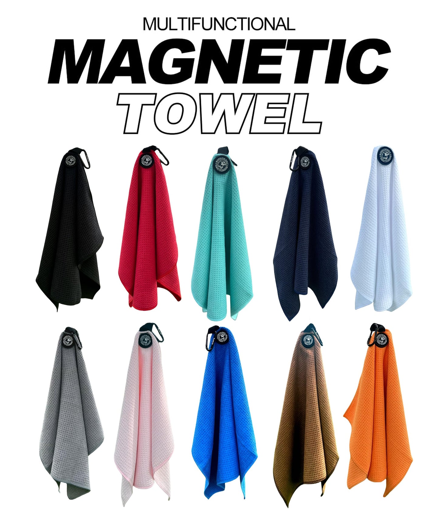 2-Pack Magnetic Golf Towel with Clip, Microfiber Waffle Design - Industrial Strength Magnet for Strong Hold to Golf Bags, Carts & Clubs - Black