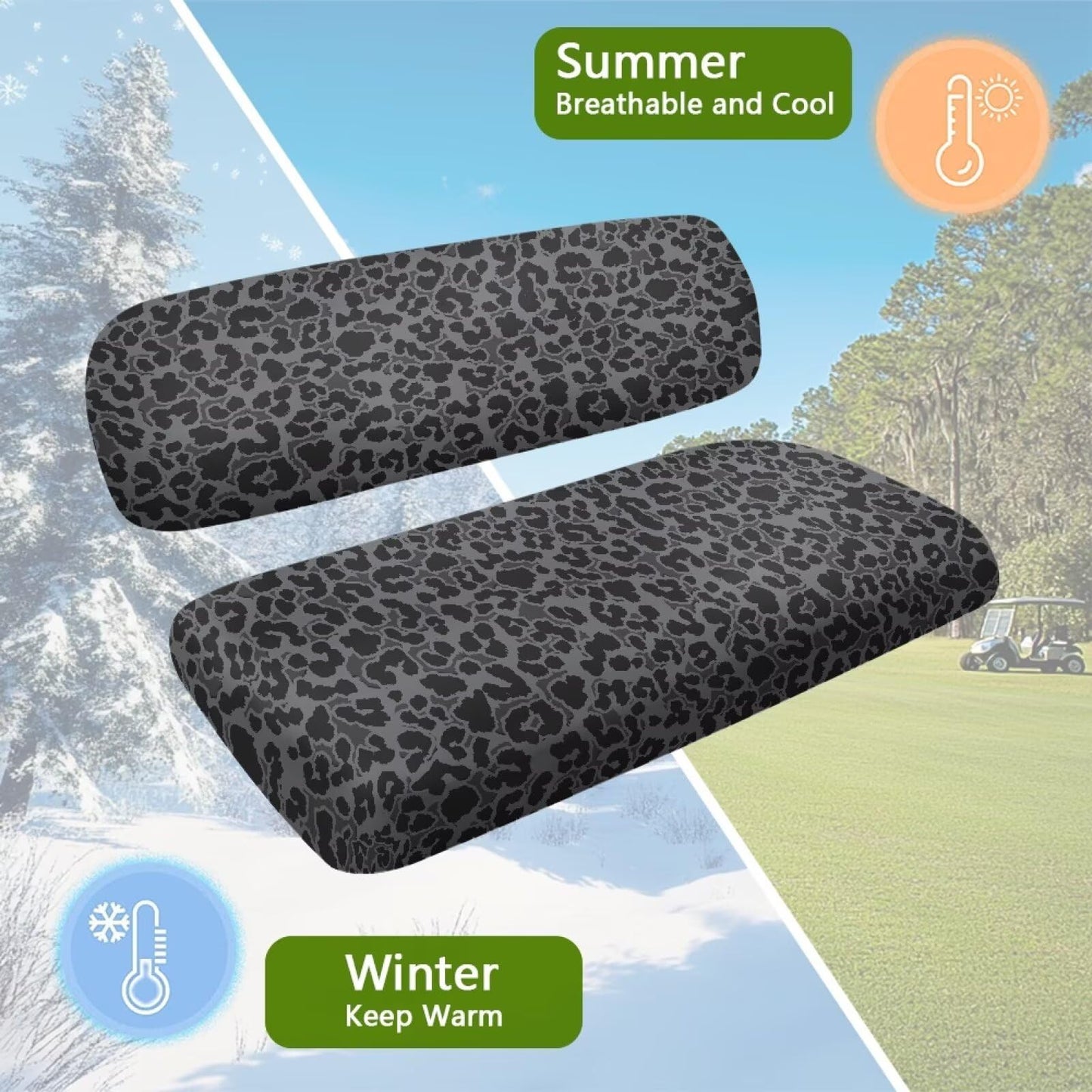 FUIALDOLG Grey Black Leopard Golf Cart Front + Rear Seat Cover Set Easy to Install Golf Cart Seat Covers Kit Bench Seat Covers Kit Printed Golf Car Accessories