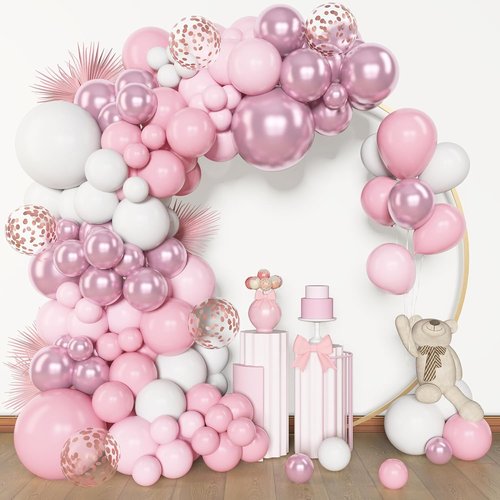 Amandir 153-Piece Pink & White Balloon Arch Garland Kit - Pastel Latex & Metallic Confetti Balloons for Weddings, Showers & Birthdays
