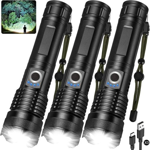 3 Pack Rechargeable LED Flashlights 990,000 Lumens, Adjustable, 5 Modes, IPX7 Waterproof, Powerful Handheld Flash Lights for Camping Hiking Emergency Home
