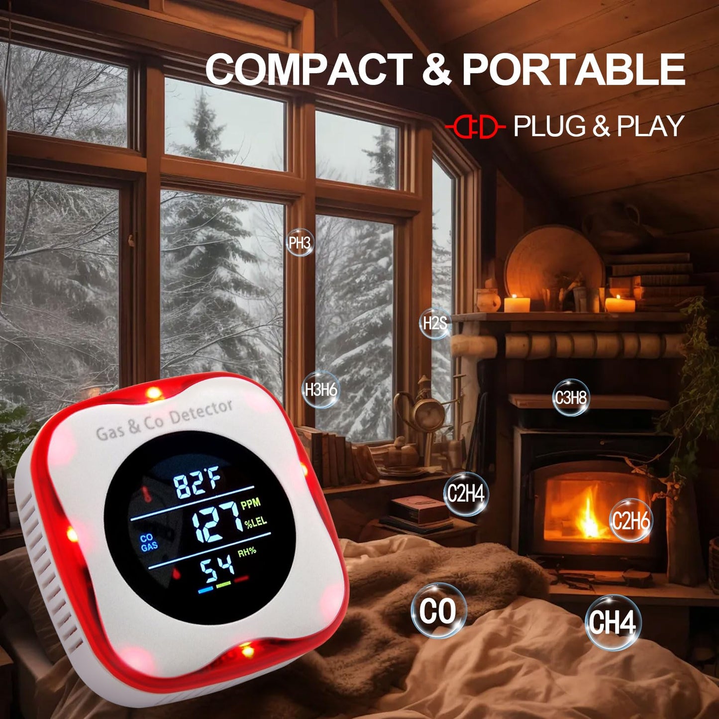 Combustible Gas & CO Detector 4-in-1 – Plug-in Natural/Propane Gas Leak Alarm with Temp & Humidity Sensor, Compact for Home, RV, Kitchen Safety