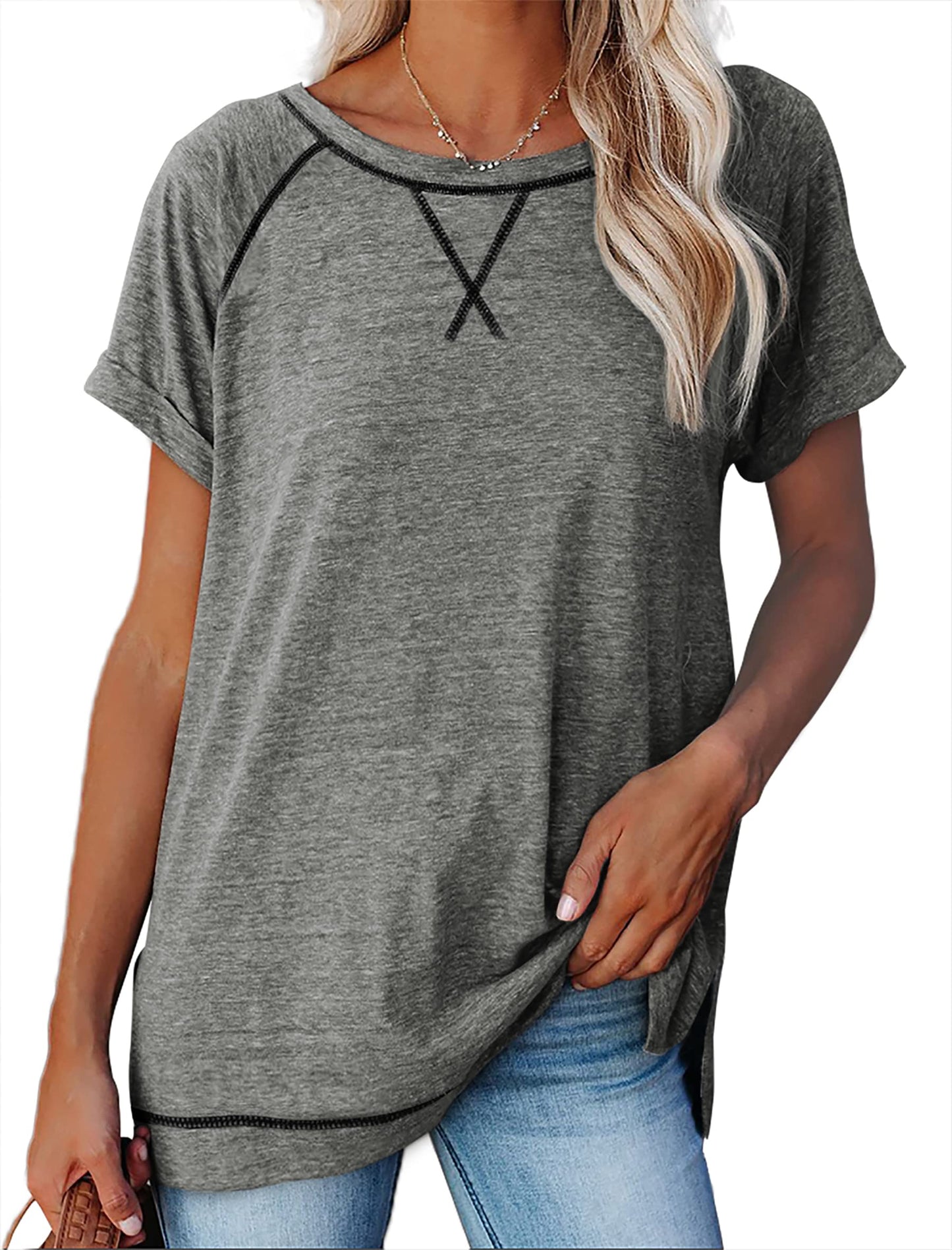 Aokosor Womens Summer Tops 2026 Casual Workout Short Sleeve Tshirts Shirts Spring Fashion Solid Soft Grey XL