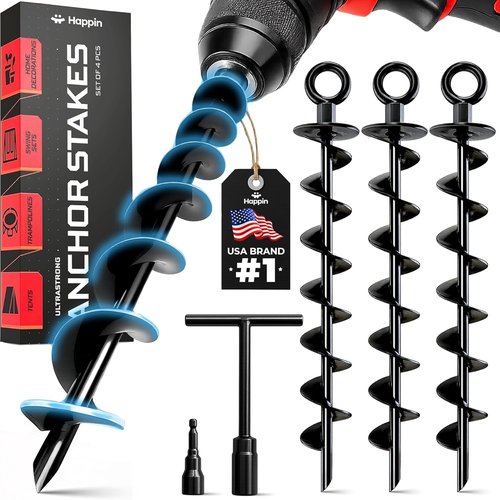 Happin® Trampoline Stakes - Heavy-Duty Ground Anchors | Galvanized Steel Spiral (4 Pack, Black)