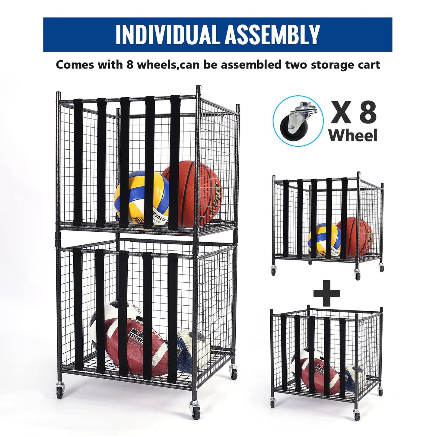 Mythinglogic Rolling Sports Ball Storage Cart, Sports Lockable Ball Storage Locker with Elastic Straps, Stackable Ball Cage for Garage Storage Garage Organizer (Black)