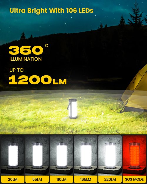 Glocusent 106 LED Camping Lights, Up to 80Hrs, 5000mAh Camping Lantern Rechargeable with 5 Brightness 3 Modes & SOS, IP68 Waterproof, Max 1200LM, Lanterns for Power Outages Hiking Emergency Hurricane