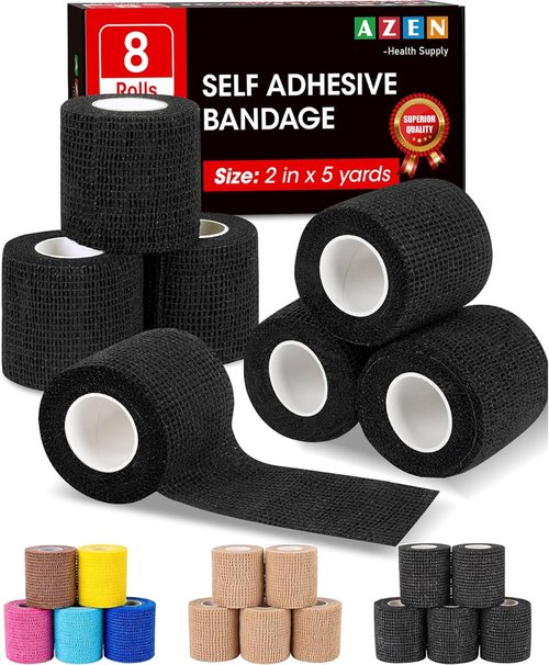 AZEN Self-Adhesive Bandage Wrap - 8 Pack, 2" x 5 Yards, Elastic Cohesive Athletic Tape, Black