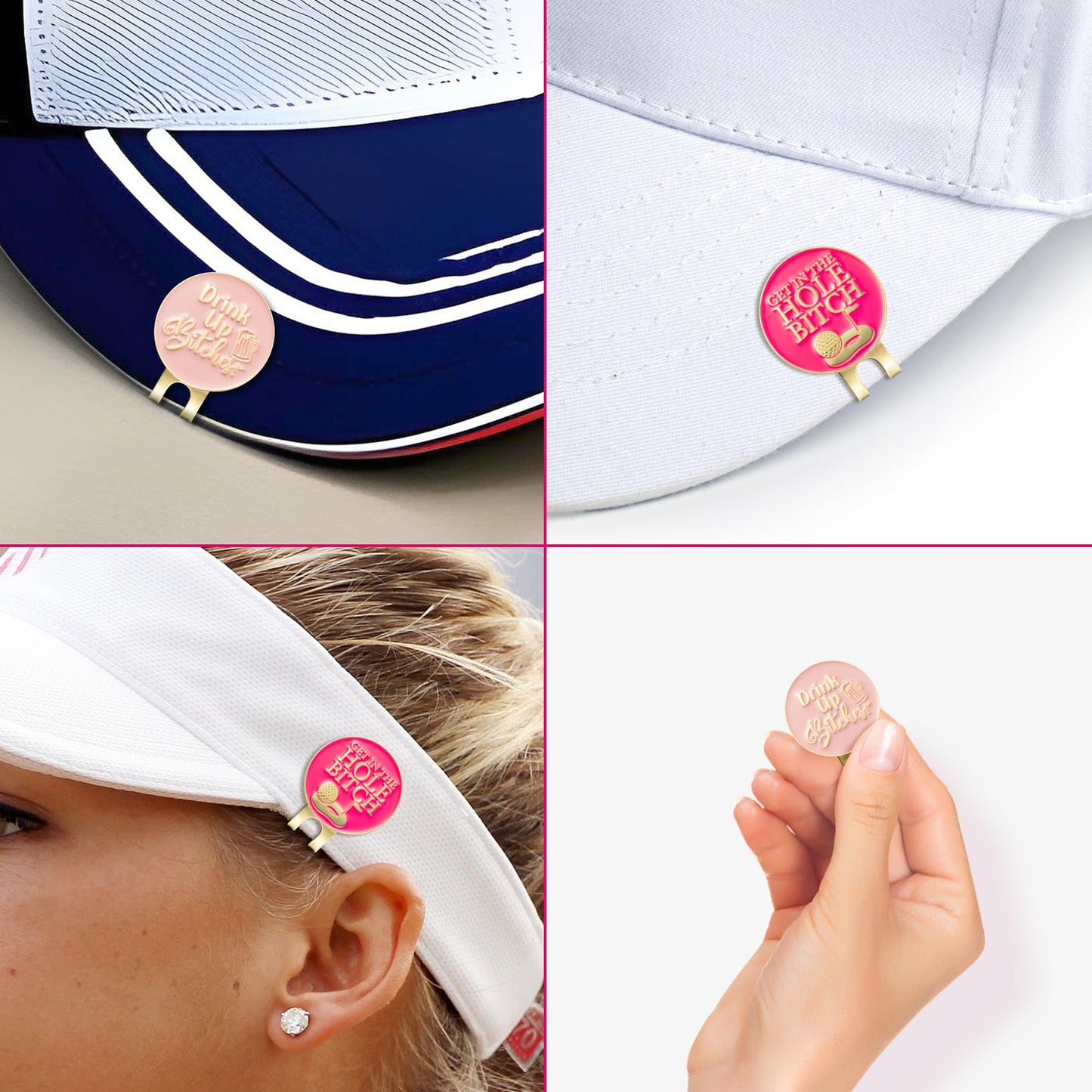 VERSRH Golf Ball Marker Clips - 2 Pcs Pink Funny Golf Ball Markers with 2pcs Magnetic Hat Clips & Pink Velvet Pouch Removable Attaches Caps Gift for Women Girls Golfer Club Accessories