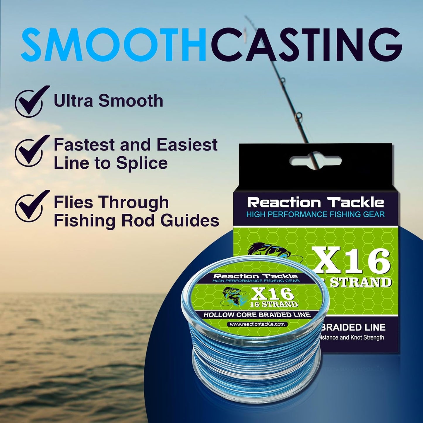 Reaction Tackle Hollow Core Braided Fishing Line - 16 Strand Braid for Freshwater & Saltwater Fishing