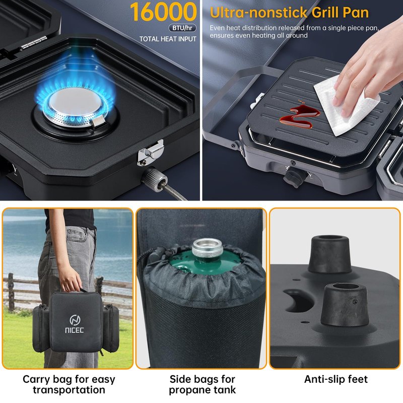 Nice C Camping Stove, Portable Camping Stove Propane, 2 Burner Propane Gas Stove, Mini Propane Grill, 16000 BTU Camp Stove with 2 Burner, Grill & Carry Bag for Camping