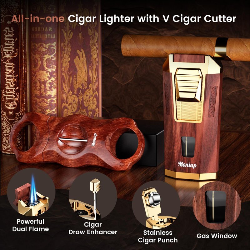 4-in-1 Torch Cigar Lighter, with Cigar V Cutter Set, Built-in Cigar Punch, Cigar Holder & Draw Enhancer, Cigar Accessories Gifts for Men, Dual Jet Flame Refillable Butane Lighters for Smoking, Travel