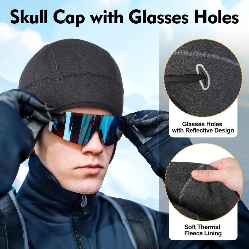 JenPen 4 Pack Winter Skull Caps Helmet Liner with Glasses Holes for Men Women, Warm Cycling Helmet Liner, Thermal Hat Beanie (Black, Dark Gray, Navy Blue, Light Gray)