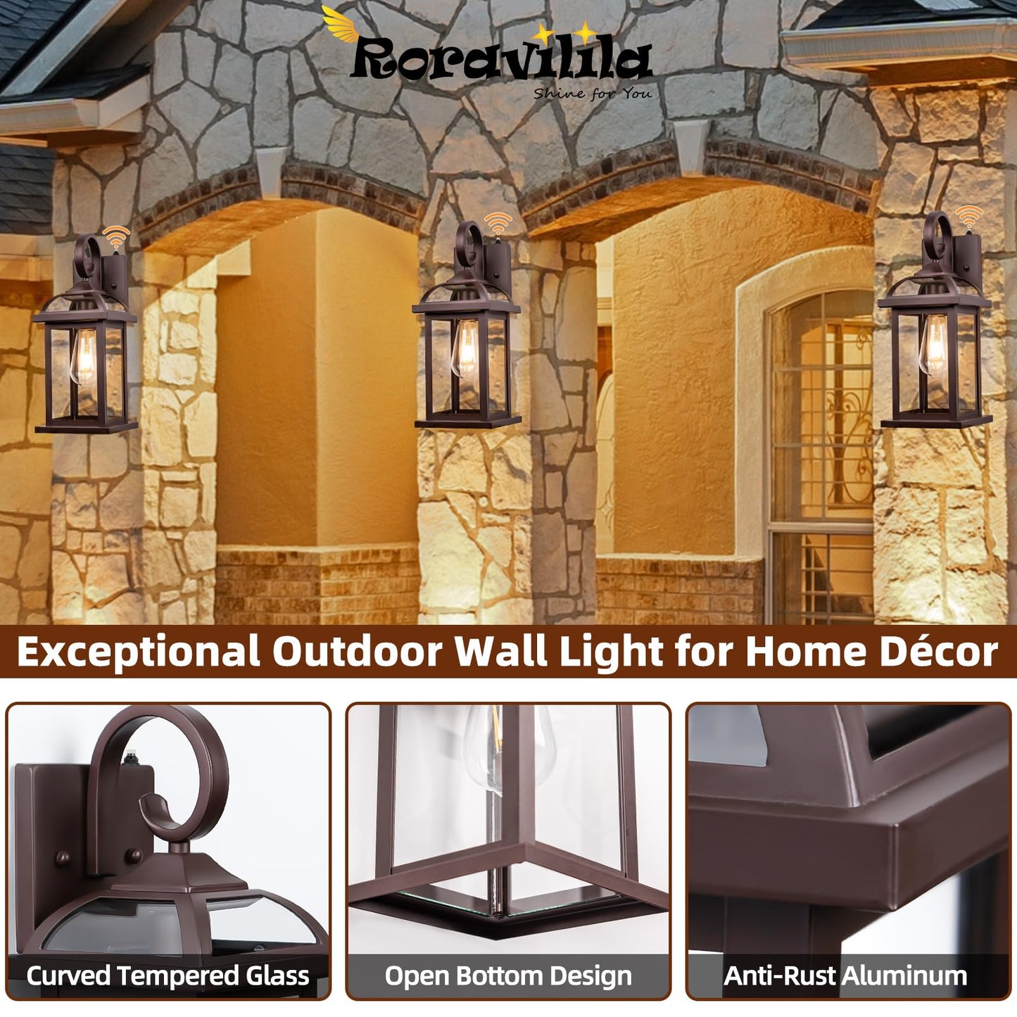 Roravilila Dusk to Dawn Outdoor Lighting Oil Rubbed Bronze 2-Pack, 15 Inch Aluminum Anti-Rust Front Porch Lights with IP65 Clear Tempered Glass Exterior Light Fixtures for House Brown Carriage Lights