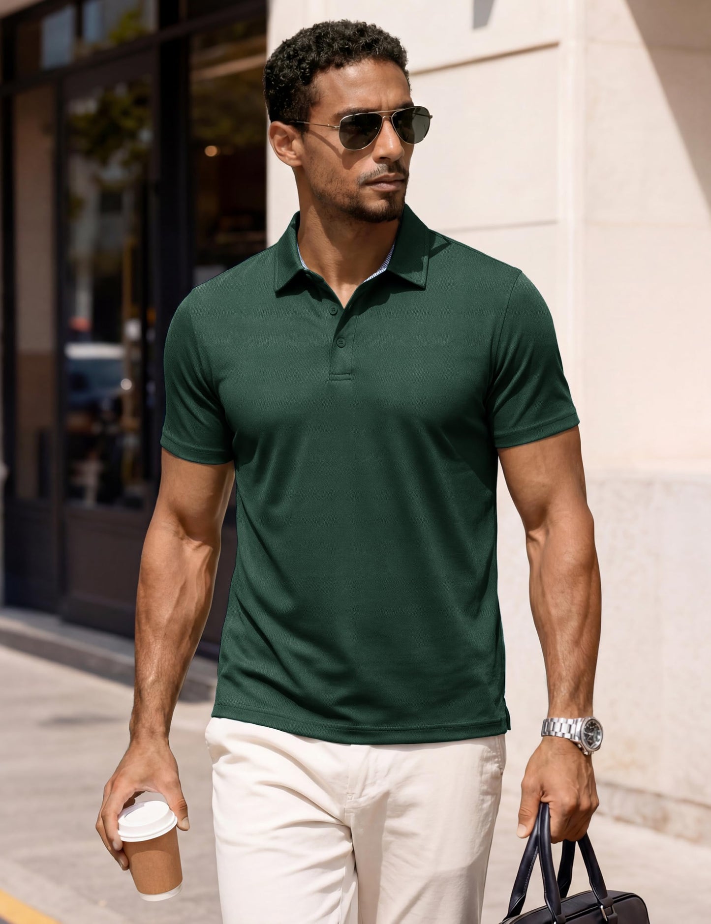 MAGCOMSEN Polo Shirts for Men Short Sleeve Golf Shirts Cooling Shirts Work Polo Shirts Collared Shirt Casual T Shirts Summer Tops Dark Green, L