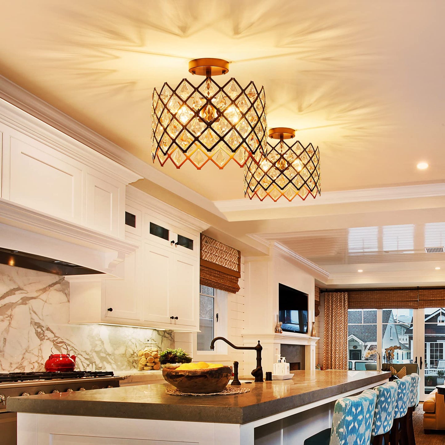 WUZUPS Crystal Chandelier 3-Light Semi-Flushmount Ceiling Light Modern Lighting Fixture for Bedroom Storageroom Hallway Bar Kitchen Dinning Living Room Bathroom, 13.4" Wide 11" High, Oil Rubbed Bronze