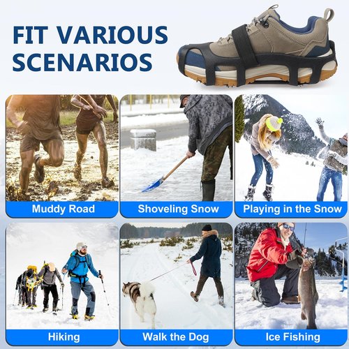 Ice Cleats for Shoes and Boots, Universal Non Slip Snow Cleats Spikes for Shoes with Straps, Anti Slip Crampons Slip-on Rubber Overshoe Flexible Footwear for Winter Hiking Walking Shoveling