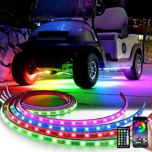 4PCS Golf Cart LED Underglow Light Kit, Golf Cart RGB Underbody Light Strip with APP&Remote Control, Multi-Mode, Music Sync, IP68 Waterproof, 9-16V Golf Carts Lighting Strip for Club Car EZGO YAMAHA