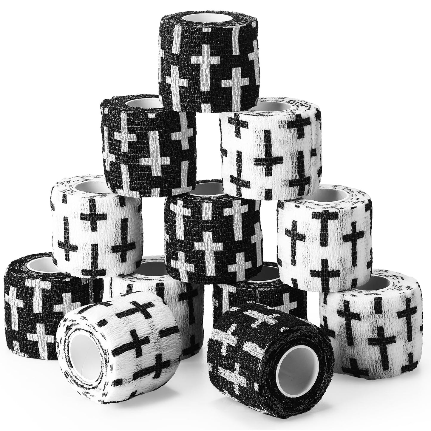 Geiserailie 12 Pack Christian Athletic Tapes 2 Inch x 5 Yards Self Adhesive Bandages Sports Wraps Breathable Elastic Wrap Non Woven Bandage for Wrist, Ankle, Baseball Football (White and Black)