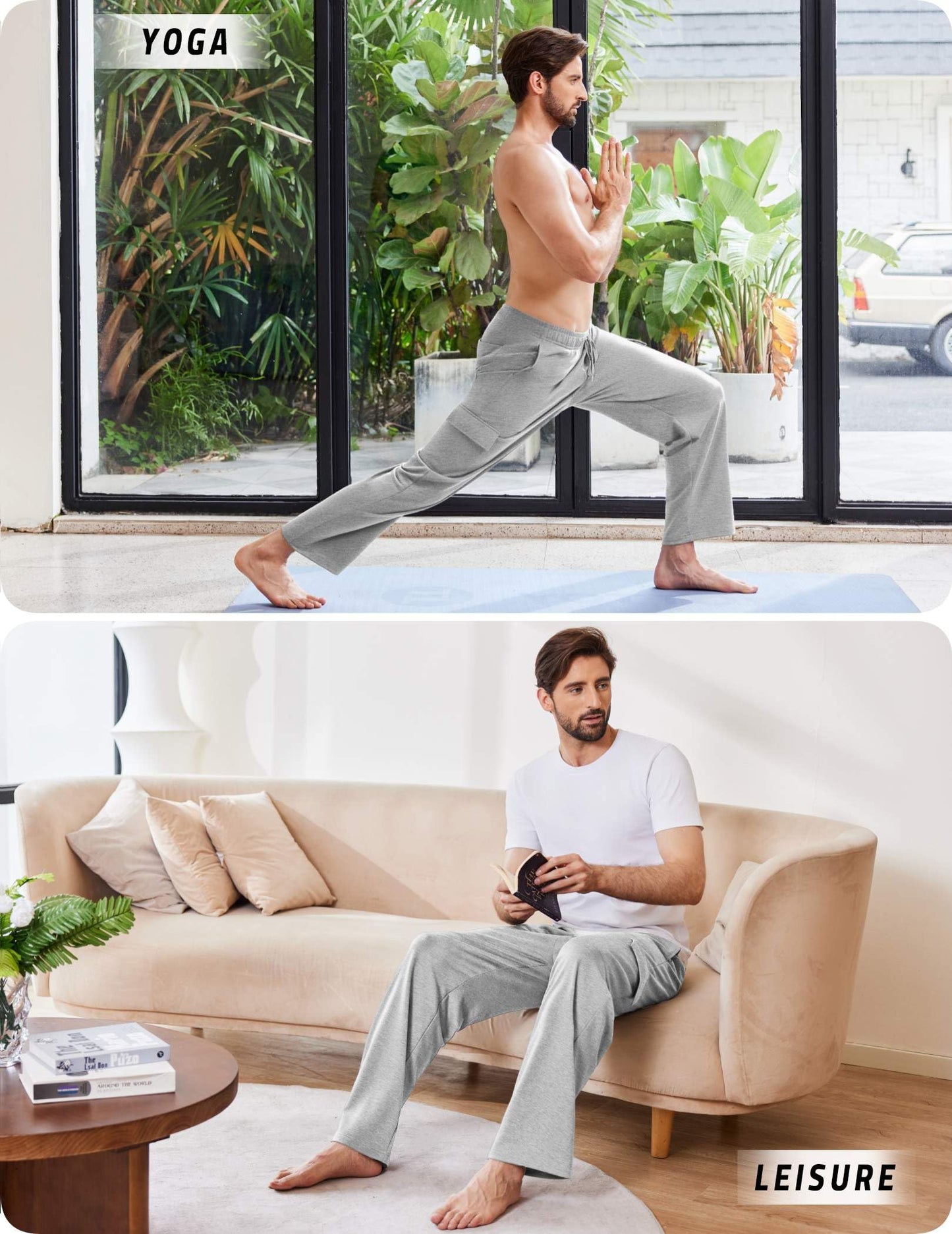 PINSPARK Cargo Sweat for Men Open Bottom Baggy Uncuffed Sweatpants Lounge Pants with Pockets Straight Leg for Casual Gym Light Grey