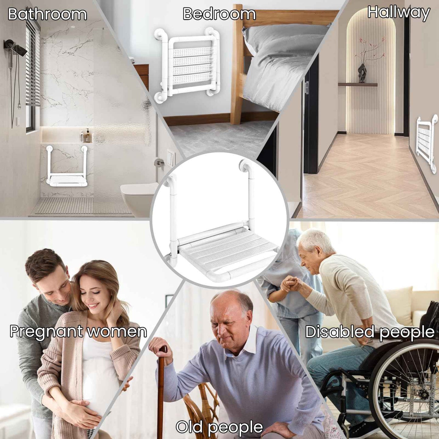 LELYFIT 16-Inch Wall Mounted Shower Seats with Armrests, Space-Saving Foldable Shower Bench for Small Bathrooms, Safety Wall-Mounted Foldable Shower Chair with Reflective Strips, Holds up to 330 lbs