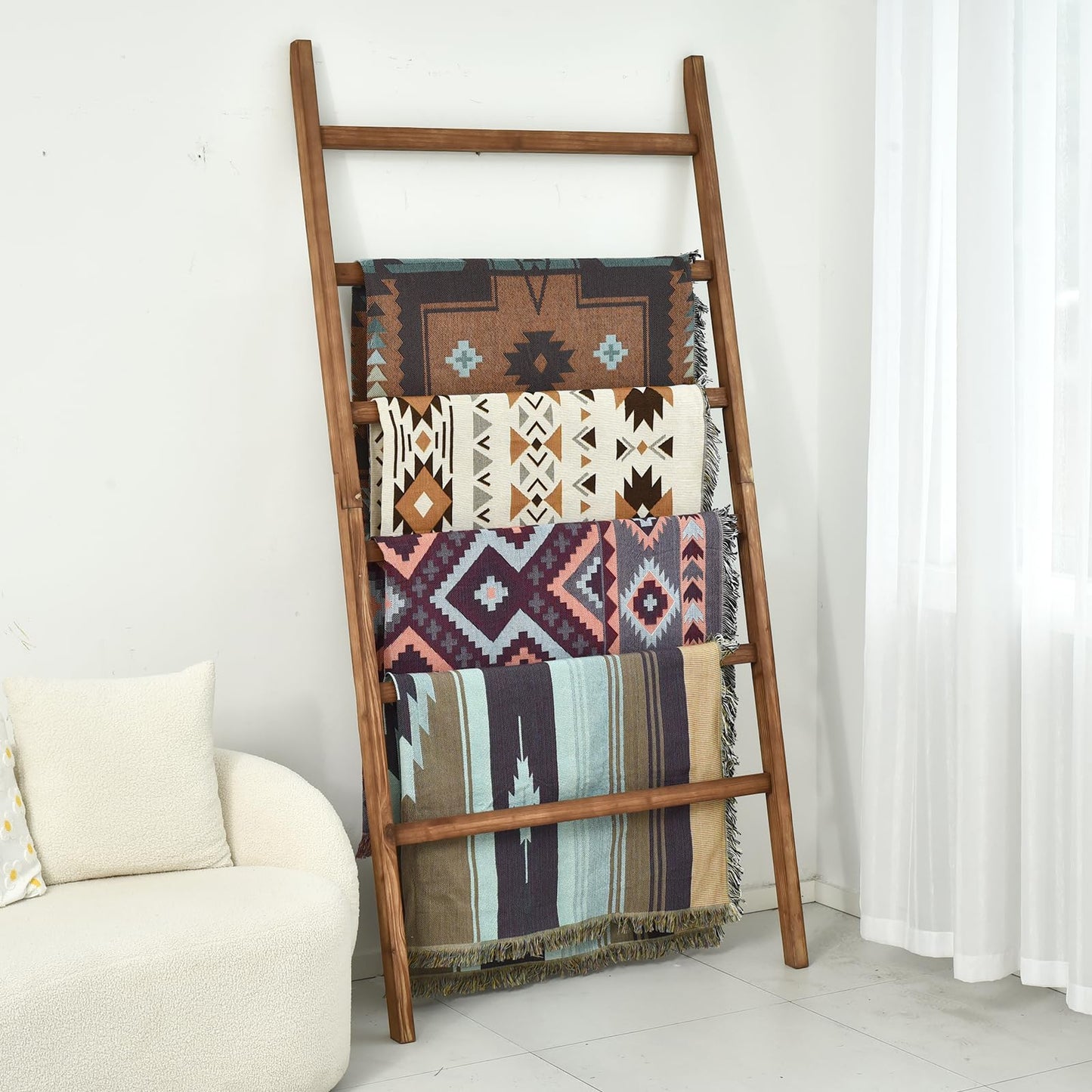 FUIN Extra Wide 6.4ft Wooden Blanket Ladder Living Room Decorative Wal Leaning Farmhouse Quilt Display Holder Rustic Wood Towel Rack for Bathroom, Brown, 38 inch Wide