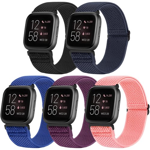 XFYELE 5 Pack Adjustable Elastic Watch Band Compatible with Fitbit Versa 2 Band Women Men, Soft Loop Stretchy Nylon Sport Straps Replacement Wristbands