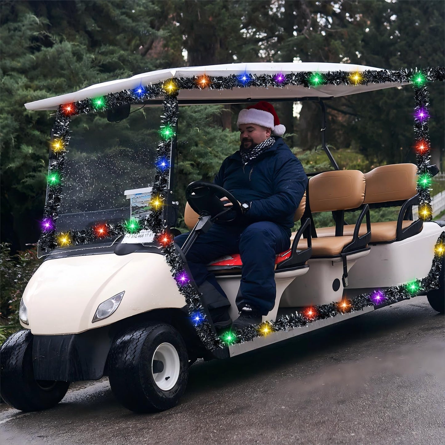 HunnmingRe 2 Pcs Christmas Golf Cart Decorations Christmas Golf Cart Seat Covers Silver Tinsel Garland with LED Lights Golf Cart Accessories Christmas for Christmas Tree Golf Cart Decorations