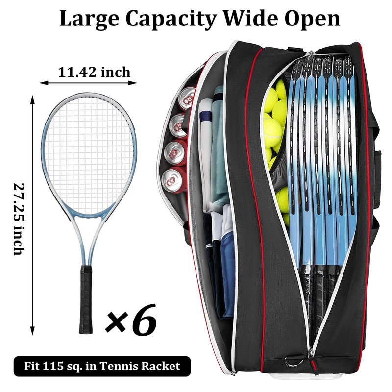Ytonet Tennis Bag 6 Rackets, Large Tennis Racket Bag for Men Women with Insulated Pocket Shoe Compartment Water Resistant 3-Ways Carry Padded Badminton Cover for Pro/Team/Familiy Training, Black
