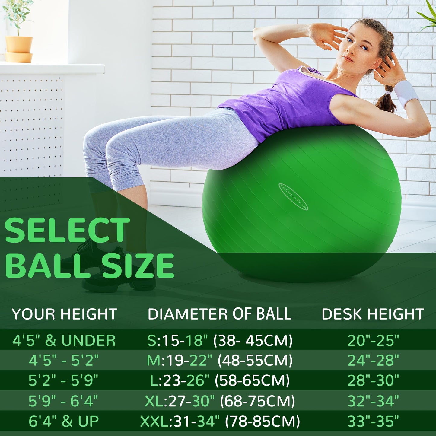 Fitvids Anti-Burst and Slip Resistant Exercise Ball Yoga Ball Fitness Ball Birthing Ball with Quick Pump, 2,000-Pound Capacity, Green, 26-inch, L